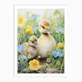 Floral Duckling Pencil Illustration 3 Art Print