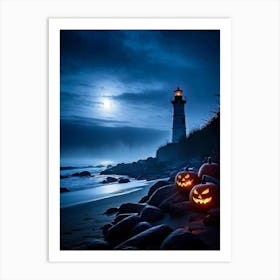 Jack O Lanterns Emanating Ethereal Glow Arrayed On A Shadowy Beach Misty Coastal Backdrop Myster 2 1 Art Print