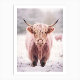 Highland Cow Snow Portrait Pink Filter 1 Art Print