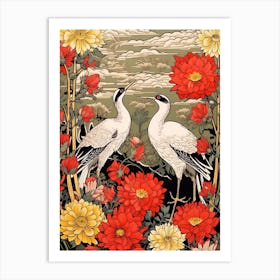 Cranes In Daisies 2 Vintage Japanese Botanical Art Print
