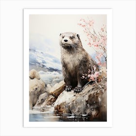 Otter, Japanese Brush Painting, Ukiyo E, Minimal 3 Art Print