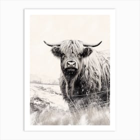 Black Ink Style Highland Cow In A Snowy Field Art Print