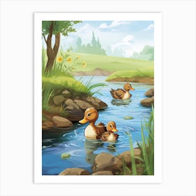 Animated Ducklings Swimming In The River 2 Art Print