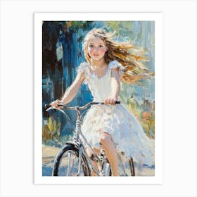 A Girl In A White Dress Rides A Bicycle Art Print