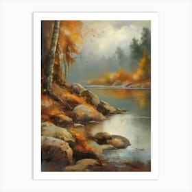 Forest Lake, Autumn Lake, Vintage Oil Painting, Farmhouse Wall Decorations, Antique Landscape, Vintage Landscape Oil Painting.3 3 Art Print