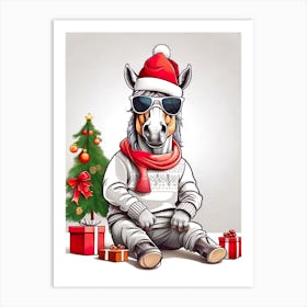 Funny Horse Christmas Hat Art Print