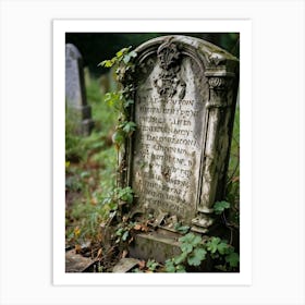 Frontal View Of A Weather Beaten Gravestone Detailing The Worn Engravings Of The Departed Soul Indi (4) Art Print