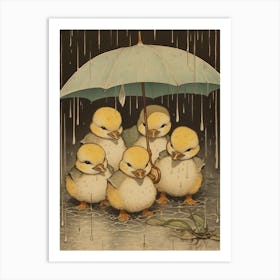 Ducklings In The Rain Japanese Woodblock Style 4 Art Print