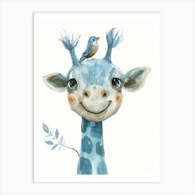 Small Joyful Giraffe With A Bird On Its Head 4 Art Print