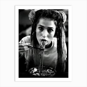 Woman Eating Pasta Black And White Vintage Spaghetti Art Print