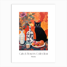 Cats & Flowers Collection Rose Flower Vase And A Cat, A Painting In The Style Of Matisse 7 Art Print