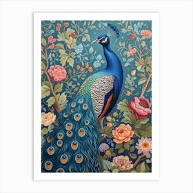 Blue Floral Vintage Peacock Art Print