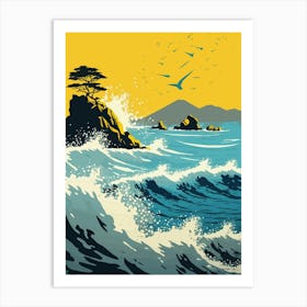 Sea Vista Ocean Beach Rocks Nature Birds Trees Waves Sun Blue Yellow Sky Art Painting Water Ocean View Island Art Print