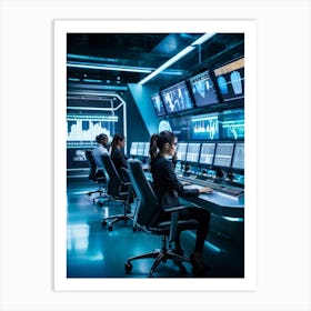 Cyber Industrial Automation Control Room With Sleek Ergonomic Workstations Translucent Holographic (1) Art Print