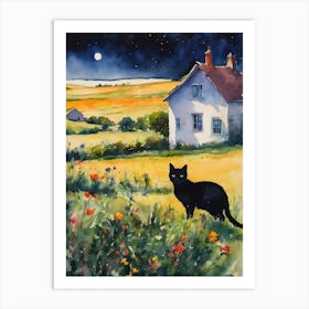 Black Cat at The Farmhouse Flowers Meadow At Night Full Moon Cottage Landscape Traditional Watercolor Art Print Kitty Travels Home and Room Wall Art Cool Decor Klimt and Matisse Inspired Modern Awesome Cool Unique Pagan Witchy Witches Familiar Gift For Cat Lady Animal Lovers World Travelling Genuine Works by British Watercolour Artist Lyra O'Brien  Art Print