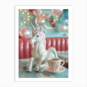 Toy Unicorn Drinking Coffee In A Diner Art Print