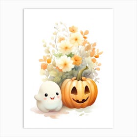 Cute Ghost With Pumpkins Halloween Watercolour 124 Art Print