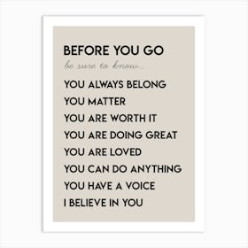 Before You Go Kid Affirmations Tan Art Print