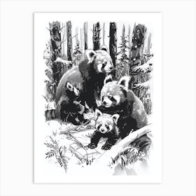 Red Panda Family Picnicking In The Woods Ink Illustration 2 Art Print