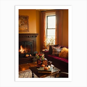 Autumn Themed Cozy Living Room Warm Golden Light Bathing The Room Soft Textures Of Plush Pillows N (7) Art Print