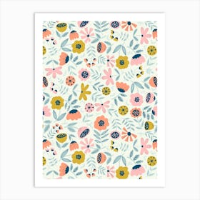 Cute Soft Scattered Scandi Florals Pink, Yellow, Light Blue, White Art Print