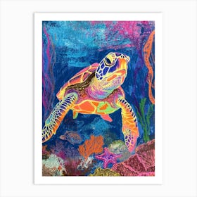 Rainbow Sea Turtle With Marine Plants Crayon Drawing Art Print