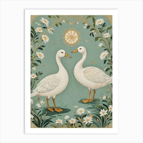 Two White Geese Floral Art Print