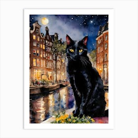 Black Cat in Old Amsterdam - Black Cat Travels Series - Iconic Holland Dutch Netherlands Canals Cityscapes Traditional Watercolor Art Print Kitty Travels Home and Room Wall Art Cool Decor Klimt and Matisse Inspired Modern Awesome Cool Unique Pagan Witchy Witches Familiar Gift For Cats Lady Animal Lovers World Travelling Genuine Works by British Watercolour Artist Lyra O'Brien Art Print