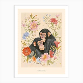 Folksy Floral Animal Drawing Chimpanzee Poster Art Print