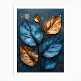 Blue Leaves On A Blue Background Art Print