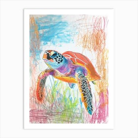 Sea Turtle With Marine Plants Scribble 3 Art Print