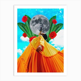 Tropical Moon Woman Collage Orange & Blue Art Print