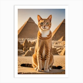 Paws Around the Globe: A Cat’s Landmark Adventure Cat In Front Of Pyramids Art Print