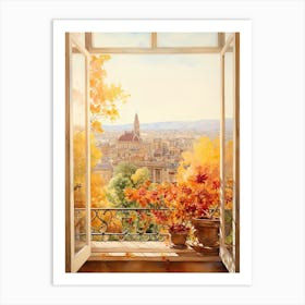Window View Of Barcelona Spain In Autumn Fall, Watercolour 1 Art Print
