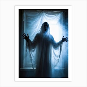 Ghostly Apparition Shrouded In Ethereal Veil Representing Religious Blindness Man Trapped In A Curt Art Print