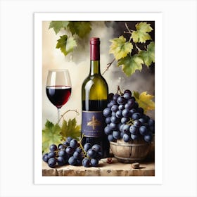 Vines,Black Grapes And Wine Bottles Painting (4) Art Print
