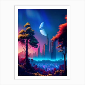 Neon cyberpunk city in a forest — surreal space collage art, cosmic futuristic sci-fi collage Art Print