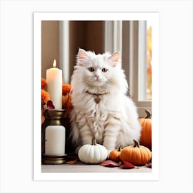 White Cat With Pumpkins Art Print