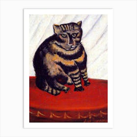 Henri Rousseau "The Tiger Cat" Le Chat Tigre (1844-1910) Famous Antique Oil Painting of Tabby Cat on Red Vintage Table - Signed and HD Remastered Art Print