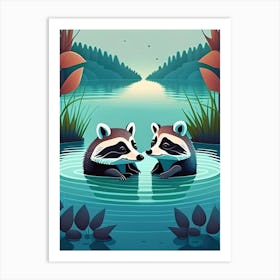 Two Curious Raccoons Swimming Art Print