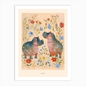 Folksy Floral Animal Drawing Hippo Poster Art Print