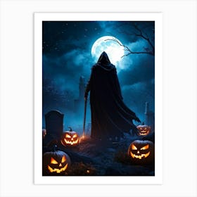 Sinister Reaper Silhouetted Against A Full Moon On Halloween Night Draped In A Tattered Black Cloak 2 1 Art Print