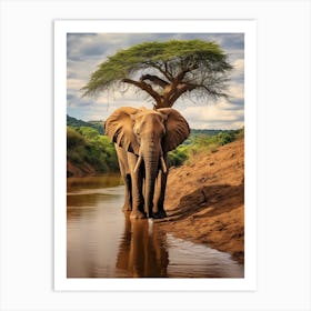 African Elephant Drinking Water Realistic 2 Art Print