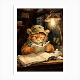 Tiger Illustration Reading Watercolour 1 Art Print