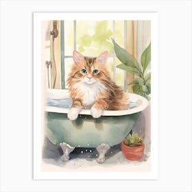 Kurilian Bobtail Cat In Bathtub Botanical Bathroom 1 Art Print