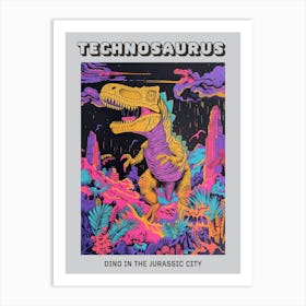 Dinosaur Teal Lilac Cityscape Jurassic Illustration Poster Art Print