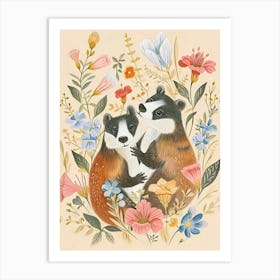 Folksy Floral Animal Drawing Badger 2 Art Print