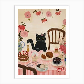 Birthday Black Cat With Cakes And Flower Painting Cat Kitchen Print Cat Lover Gift Cute Cat Print Kitchen Art Print