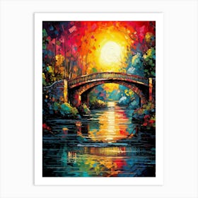 River & Bridge at Sunset, Abstract Vibrant Colorful Painting in Van Gogh Style Art Print