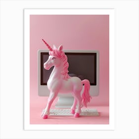 Pink Toy Unicorn On The Computer Art Print